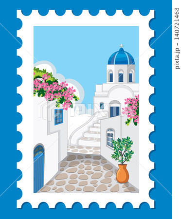 Mediterranean Village Postage Stamp Illustration with Blue Dome Church Mediterranean Village Postage Stamp Illustration with Blue Dome Church 140721468