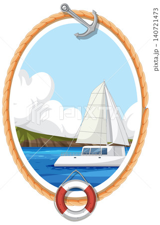 Nautical Sailing Illustration with Catamaran in Rope Frame with Anchor Nautical Sailing Illustration with Catamaran in Rope Frame with Anchor 140721473