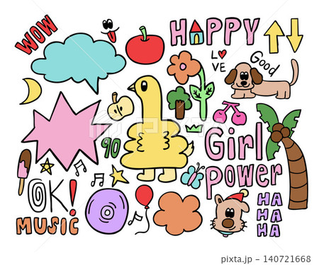 Vector illustrations of kid drawing elements such as puppy, yellow duck, coconut tree, text bubbles, apple, flowers, tree, pink cherry, moon, butterfly, girl power letters, star, apple, red balloon Vector illustrations of kid drawing elements such as puppy, yellow duck, coconut tree, text bubbles, apple, flowers, tree, pink cherry, moon, butterfly, girl power letters, star, apple, red balloon 140721668