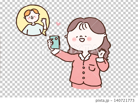 パジャマ姿でスマホのビデオ通話を楽しむ女性(遠距離恋愛・おうち時間) パジャマ姿でスマホのビデオ通話を楽しむ女性(遠距離恋愛・おうち時間) 140721773
