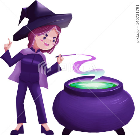 Halloween Witch Girl Holding Wand Stirring Glowing Green Magic Halloween Witch Girl Holding Wand Stirring Glowing Green Magic 140721791