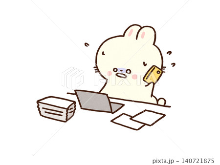 書類の山と電話とPCで放心状態のうさぎ（大忙し・マルチタスク） 140721875