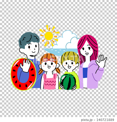A colorful vector illustration of a smiling family of four (parents, son, and daughter) enjoying the summer beach. 140721889