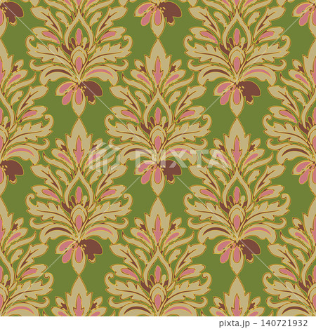 Elegant vintage damask seamless pattern featuring classic floral ornaments on olive green background. Ideal for luxury wallpaper and home decor. 140721932