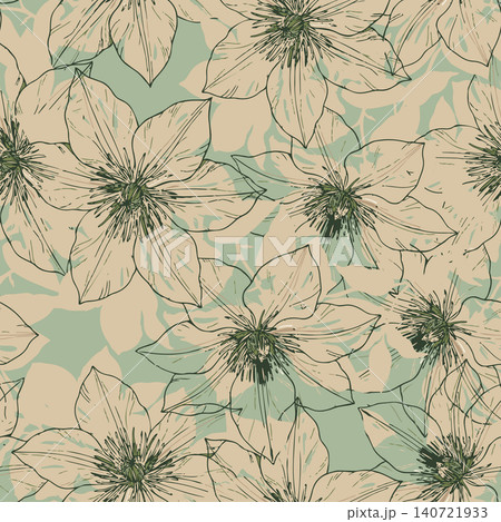 Elegant seamless pattern featuring hand drawn clematis floral sketches on a sage green background. Perfect for luxury textiles, wallpaper, and decor. Elegant seamless pattern featuring hand drawn clematis floral sketches on a sage green background. Perfect for luxury textiles, wallpaper, and decor. 140721933