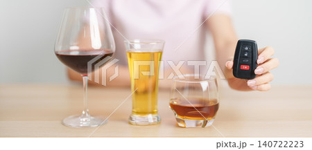 Responsible woman reject a drink before driving for road safety, stop hand gesture to refuse a glass of wine, beer, whiskey or cognac and car remote. Avoid drink and drive, Drunk Driving Law concept 140722223