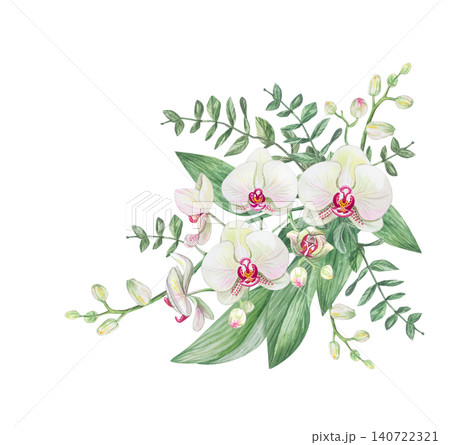 Watercolor bouquet with white phalaenopsis orchids, eucalyptus, and greenery Watercolor bouquet with white phalaenopsis orchids, eucalyptus, and greenery 140722321