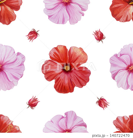 Red and pink hibiscus flowers in watercolor seamless pattern. Red and pink hibiscus flowers in watercolor seamless pattern. 140722470