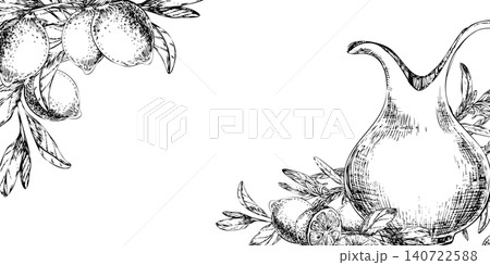 Lemon branch and ceramic jug vintage botanical illustration with cut fruits. Engraved botanical vector banner template for Mediterranean restaurant menu, homemade lemonade packaging or kitchen decor 140722588