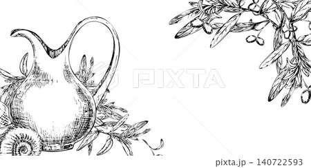 Ceramic clay jug and organic olive branch layout background. Engraved botanical graphics for Mediterranean slow living branding, artisan product packaging design, and eco boutique logo Ceramic clay jug and organic olive branch layout background. Engraved botanical graphics for Mediterranean slow living branding, artisan product packaging design, and eco boutique logo 140722593