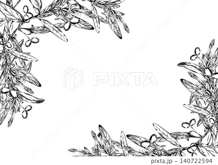 Olive frame vintage botanical illustration with branches and fruits. Engraved botanical vector border template for Mediterranean wine label, Italian restaurant menu, or organic oil brand design 140722594