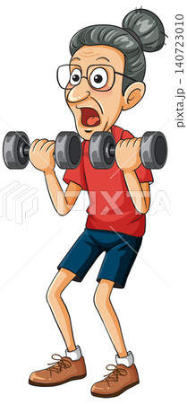 Elderly Woman Lifting Dumbbells in Cartoon Style 140723010