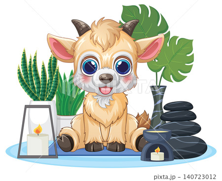 Cute Cartoon Goat Sitting with Spa Stones and Tropical Plants 140723012