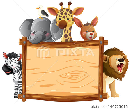 Cartoon Safari Animals Around Wooden Blank Signboard Cartoon Safari Animals Around Wooden Blank Signboard 140723013