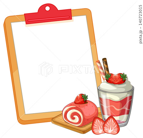Blank Clipboard with Strawberry Swiss Roll and Parfait Dessert Illustration 140723015