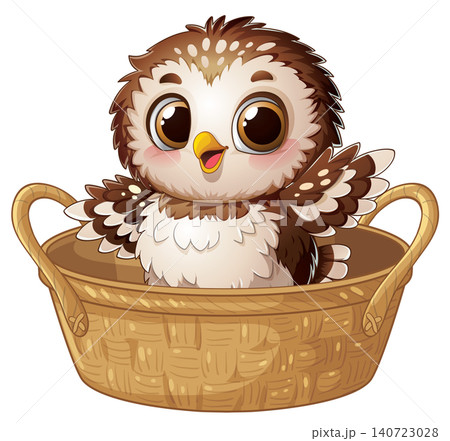 Cute Baby Owl Sitting in a Woven Wicker Basket Vector Illustration 140723028