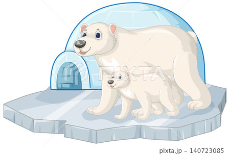 Cartoon Polar Bear and Cub Standing on Ice Near an Igloo 140723085