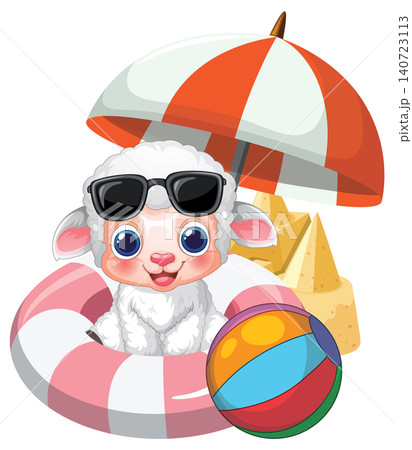 Cute Cartoon Lamb Relaxing at the Beach with Summer Accessories 140723113