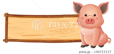Cute Cartoon Pig Sitting Next to Blank Wooden Signboard Cute Cartoon Pig Sitting Next to Blank Wooden Signboard 140723117