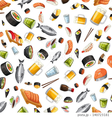 Seamless Vector Pattern of Japanese Sushi Sashimi and Beer Mugs Seamless Vector Pattern of Japanese Sushi Sashimi and Beer Mugs 140723181