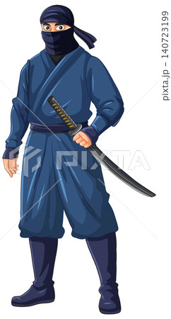 Japanese Ninja Warrior Standing with Katana Sword in Blue Uniform Japanese Ninja Warrior Standing with Katana Sword in Blue Uniform 140723199