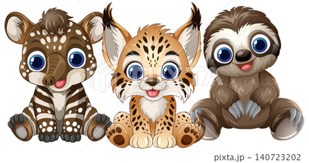 Cute Cartoon Baby Tapir Lynx and Sloth Sitting Together 140723202