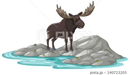 Bull Moose Standing on Rocks by Water Vector Illustration 140723203