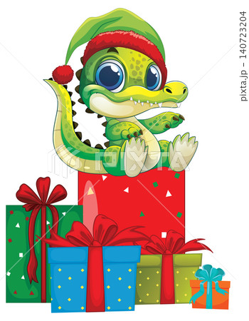 Cute Baby Crocodile Wearing Santa Hat Sitting on Christmas Gift Boxes Cute Baby Crocodile Wearing Santa Hat Sitting on Christmas Gift Boxes 140723204