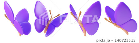Set of purple 3D butterflies, flying in different angles, isolated on background. Cute cartoon insects for spring and summer design, stickers, kids. 3d render Set of purple 3D butterflies, flying in different angles, isolated on background. Cute cartoon insects for spring and summer design, stickers, kids. 3d render 140723515