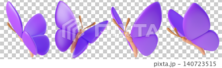 Set of purple 3D butterflies, flying in different angles, isolated on background. Cute cartoon insects for spring and summer design, stickers, kids. 3d render Set of purple 3D butterflies, flying in different angles, isolated on background. Cute cartoon insects for spring and summer design, stickers, kids. 3d render 140723515