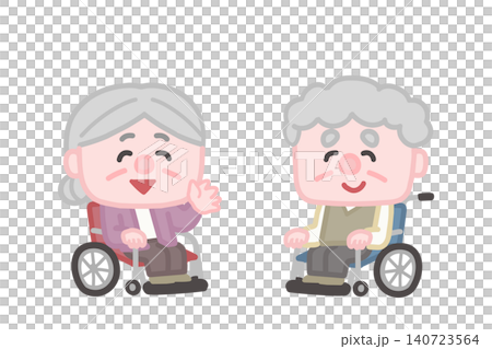 Seniors in wheelchairs happily chatting Seniors in wheelchairs happily chatting 140723564
