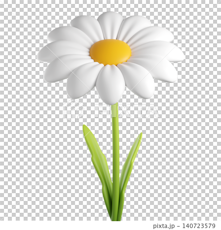 Cute 3D plastic Daisy Flower. Cartoon chamomile bubble bloom with white petals for spring and summer design. 3d render	 140723579