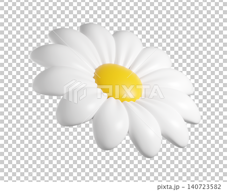 Cute 3D plastic Daisy Flower. Cartoon chamomile bubble bloom with white petals for spring and summer design. 3d render	 140723582