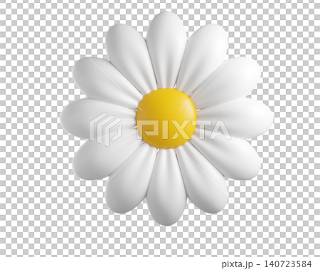 Cute 3D plastic Daisy Flower. Cartoon chamomile bubble bloom with white petals for spring and summer design. 3d render	 140723584