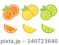 Set of citrus fruit. Orange, lemon, and lime with slices, isolated on a background. Cartoon vector icons for food, summer, juice, tropical themes. 140723640