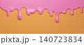 Pink glossy ice cream dripping on a waffle texture background. Sweet dessert with paint or glaze, with copy space for banner. 3d rendering 140723834