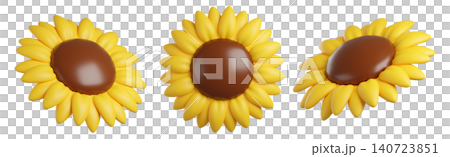 3d Sunflower icon with yellow petals and brown center, isolated on background. Blooming Flower for spring, summer, autumn, harvest 140723851