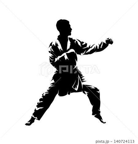 High contrast vector illustration of male karate fighter in kimono standing in fighting stance, side view silhouette. Martial arts concept isolated on white background High contrast vector illustration of male karate fighter in kimono standing in fighting stance, side view silhouette. Martial arts concept isolated on white background 140724113