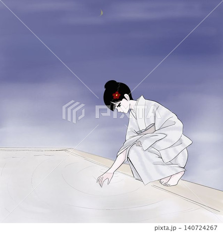 温泉の温度を確かめる着物女性　旅館の情緒 140724267