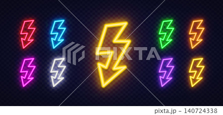 Set of 9 neon lightning bolt icons with downward arrow tip in yellow, red, blue, green, orange, pink and purple on dark transparent background. Set of 9 neon lightning bolt icons with downward arrow tip in yellow, red, blue, green, orange, pink and purple on dark transparent background. 140724338