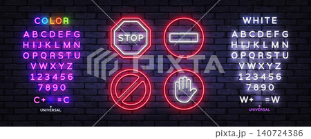 Neon restriction and stop symbols featuring stop sign, no entry, prohibited sign, and hand stop icon, combined with editable neon text for personalized messages and signage. 140724386