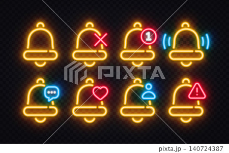 Set of 8 neon yellow notification bell icons with heart, warning, message and user badges on dark background. Glowing alert symbols for social media, app or website UI Set of 8 neon yellow notification bell icons with heart, warning, message and user badges on dark background. Glowing alert symbols for social media, app or website UI 140724387