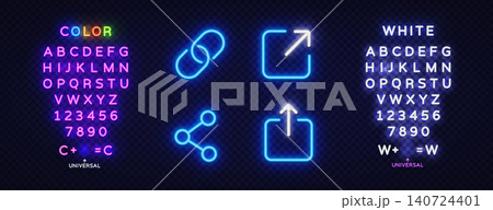 Neon web interaction icons including hyperlink, external link, share, and upload symbols, paired with editable glowing text elements for custom labels and interface titles. Neon web interaction icons including hyperlink, external link, share, and upload symbols, paired with editable glowing text elements for custom labels and interface titles. 140724401