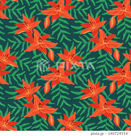 Orange lily seamless pattern vector illustration. Elegant blooming tiger lily flowers, buds, lush leaves on dark background. Vibrant exotic botanical print. Floral fire lily repeat tile design Orange lily seamless pattern vector illustration. Elegant blooming tiger lily flowers, buds, lush leaves on dark background. Vibrant exotic botanical print. Floral fire lily repeat tile design 140724554