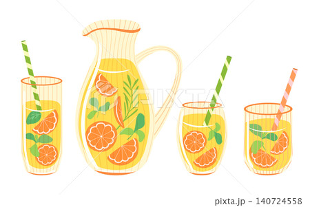 Orange lemonade vector set. Ribbed pitcher and glasses with citrus juice, orange slices, mint and striped straws isolated on white background. Summer beverage clipart. Refreshing drinks for menu Orange lemonade vector set. Ribbed pitcher and glasses with citrus juice, orange slices, mint and striped straws isolated on white background. Summer beverage clipart. Refreshing drinks for menu 140724558