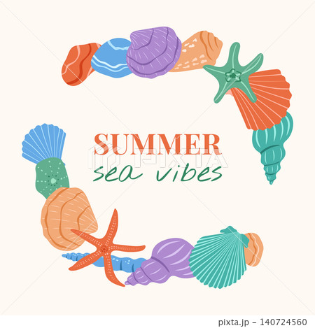 Seashells vector frame illustration. Colorful underwater round border design with scallop, clam, spiral shells, starfish on cream background. Ocean life decorative template for invitation, banner Seashells vector frame illustration. Colorful underwater round border design with scallop, clam, spiral shells, starfish on cream background. Ocean life decorative template for invitation, banner 140724560