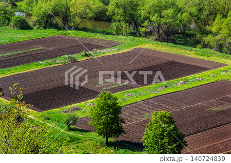 Overhead view of freshly plowed agricultural fields in spring season with green trees surrounding the area Overhead view of freshly plowed agricultural fields in spring season with green trees surrounding the area 140724839