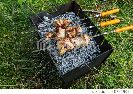 Cooking skewers of marinated meat over hot coals in an outdoor setting during a sunny day in a lush green area with grass Cooking skewers of marinated meat over hot coals in an outdoor setting during a sunny day in a lush green area with grass 140724901