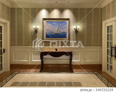 Elegant hallway with nautical painting and antique console table 140725229