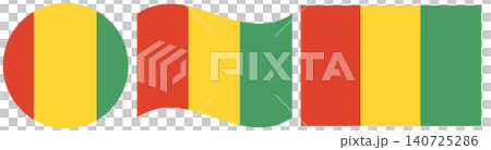 Guinea flags collection. Waving flag of Guinea isolated. Round flag of Guinea isolated in circle shape. Guinea flags collection. Waving flag of Guinea isolated. Round flag of Guinea isolated in circle shape. 140725286